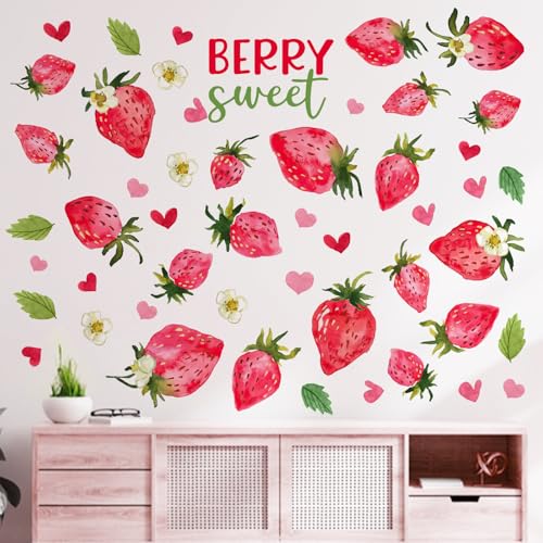 Mfault Spring Summer Strawberry Wall Decals Stickers, Berry Sweet Fruit Love Heart Decorations Girls Bedroom Art, Home Kitchen Kids Room Living Room Bathroom Decor