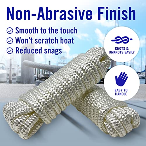 Better Boat 3/8" x 15 ft Dock Lines - White, 2 Pack | Double Braided Nylon