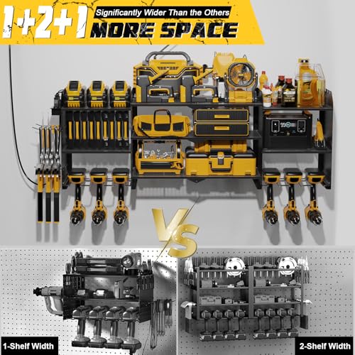 Power Tool Organizer Wall Mount with Charging Station, Expanded Width Power Tool Storage Rack, Large Tool Battery Organizer with Screwdriver/Hammer Heavy Duty Garage Storage
