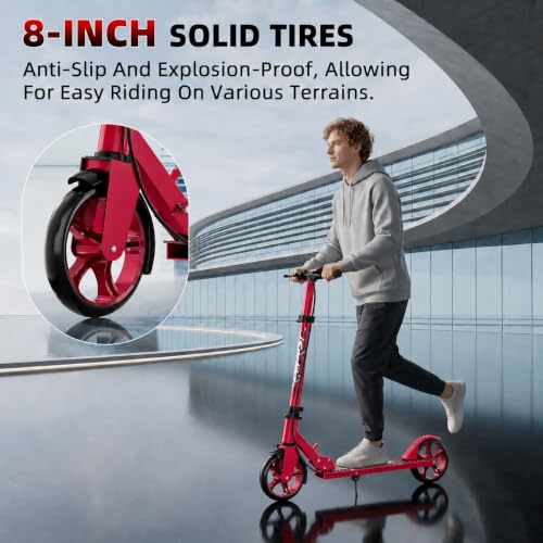 Red Kid's 8-12 & Adult Foldable Kick Scooter with Adjustable Height & Safety Bell