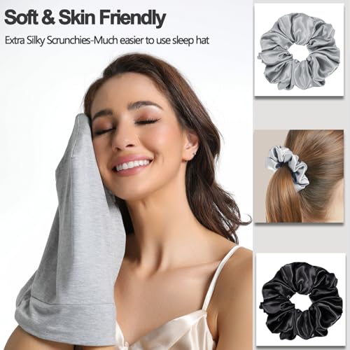Roybens Satin Lined Sleep Cap Bonnet - Adjustable Satin Bonnet, 2pc (Black + Light Gray) Medium