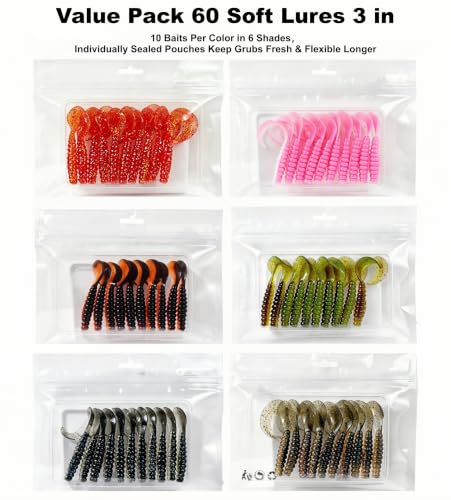Houderrong 3in Curly Tail Grub Soft Swimbait Kit - 60 Pack, 6 Colors for Freshwater Fishing