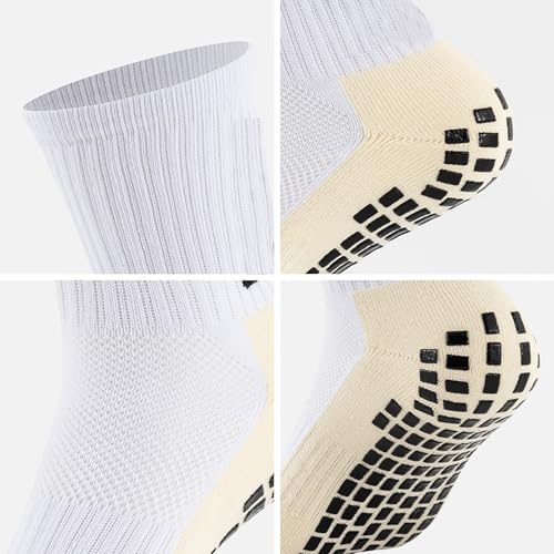 Kids Soccer Grip Socks - Anti Slip Athletic Crew Socks, 6 Pairs, 4-8 Years, White