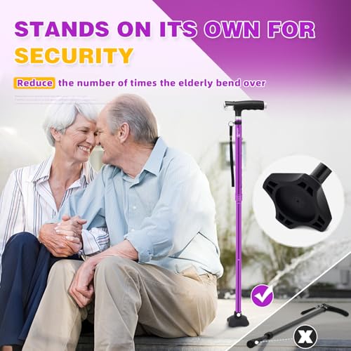 BeneCane Folding Quad Walking Cane with 2 LED Lights, Purple, Adjustable 31.1–37.8 in