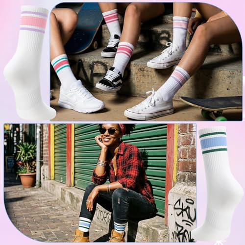 Striped Athletic Crew Socks for Women - 6 Pairs in Orange, Blue, Green, Pink