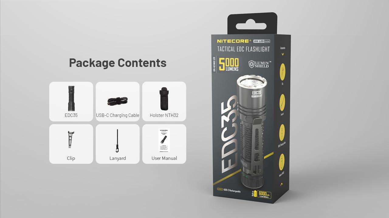 Nitecore EDC35 5000 Lumen LED USB-C Rechargeable Flood/spot Beam Tactical Flashlight, Battery, Paracord Lanyard with EdisonBright Accessory case