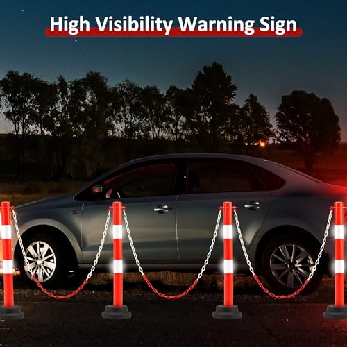 Dragosum [2 Pack] 34 inch Traffic Delineator Post with Weighted Base, Orange Safety Cones with 5 FT Plastic Chain, Safety Barriers with Reflective Collar for Parking Lot, Driving Training