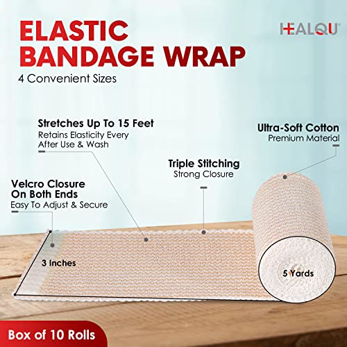 Healqu Premium Elastic Bandage 3 Inch Self-Closure Compression Wrap Box of 10