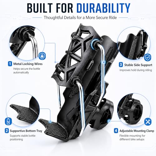 Bike Water Bottle Holder with Auto Locking Clamp - Black