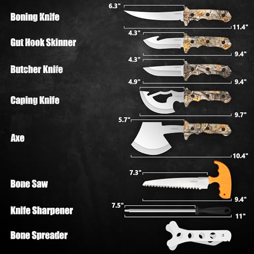 Kalkal 8-Piece Hunting Knife Set with Full Tang Field Dressing Kit for Deer, Skinner, Boning, Gut Hook & Camp