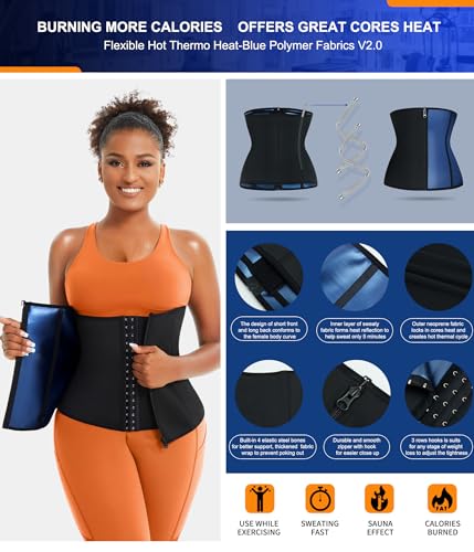 Waist Trainer for Women - Black-Blue Inner, Large Size, Tummy Control & Back Support
