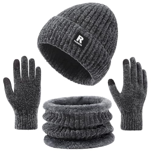 Chenille Winter Beanie Hat, Scarf & Gloves Set - Grey
