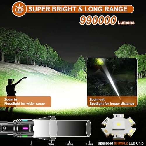 Flashlights LED High Lumens Rechargeable, 2000 Lumens XHM90.2 Super Bright Flashlight, Flash Light Battery Powered, Powerful Handheld Flashlight with Holster for Home Emergency Hiking Gift