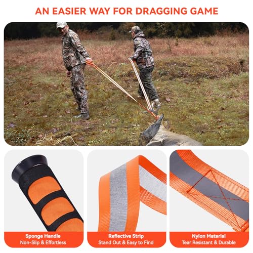 GearOZ 2-Pack Deer Drag Ropes with Harness, 76" Reflective Orange Drag Straps with Handles