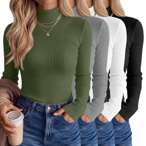 Neer Women's Turtleneck Shirts 4-Pack - Long Sleeve Ribbed Base Layer, Fall & Winter