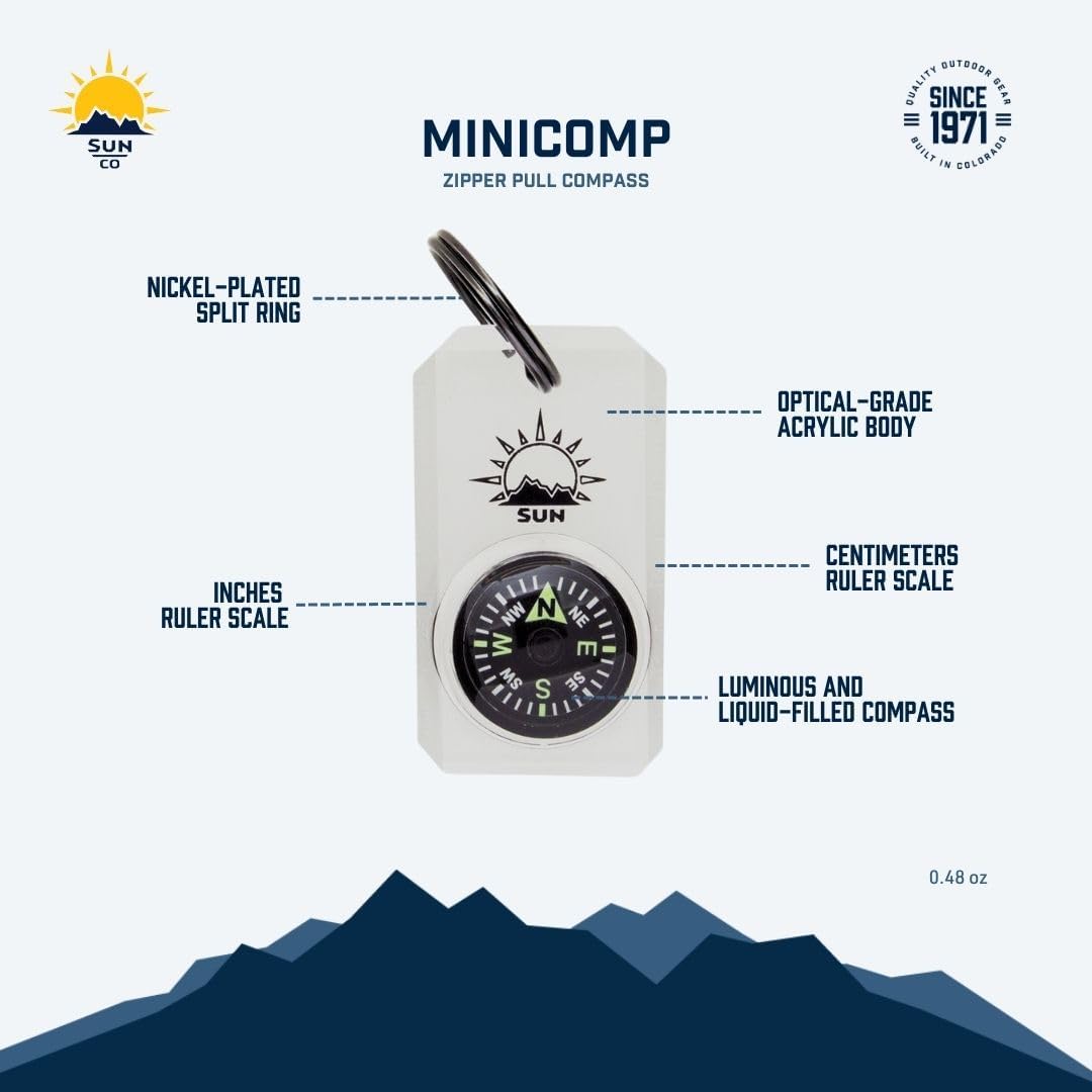 MiniComp Zipperpull Mini Compass - Easy-to-Read Navigation Tool for Jackets, Parkas, or Packs