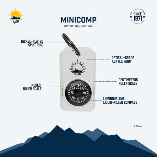 MiniComp - Zipperpull Mini Compass with Split Ring | Easy-to-Read Compass for Jacket, Parka, or Pack