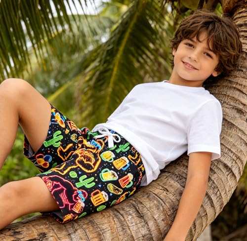 Boys Swim Trunks with Compression Liner - Neon Happy Gorilla, 10-12 Years