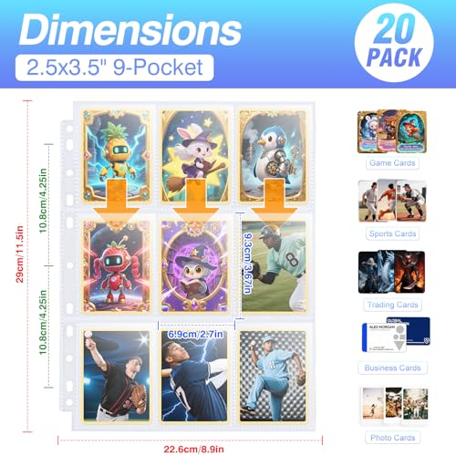 360-Pocket Trading Card Binder Pages - 9-Pocket Clear Sleeves, 20 Pack
