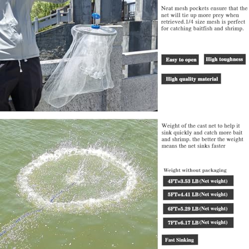 Drasry 5 ft Cast Net with Aluminum Ring, 1/4 Mesh, Heavy-Duty Sinker • Bait Shrimp Catch Net