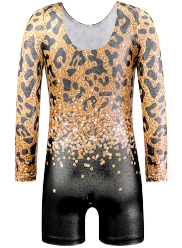 Long Sleeve Gymnastics Leotard for Girls 9-10 Years - Gold Leopard Black