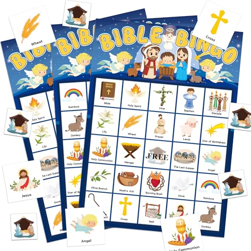 Bible Bingo Game Set for Kids - 24 Player Cards & Chips