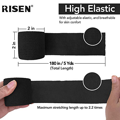 RISEN Black Cohesive Bandage 2” x 5 Yards - 6 Rolls Self-Adherent Medical Wrap for Athletic & First Aid
