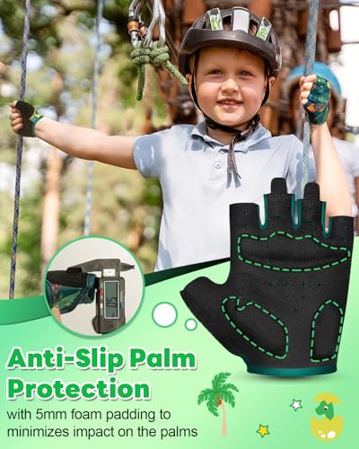 Kids Fingerless Bike Gloves - Protective Padded Cycling Gloves - Green, Large