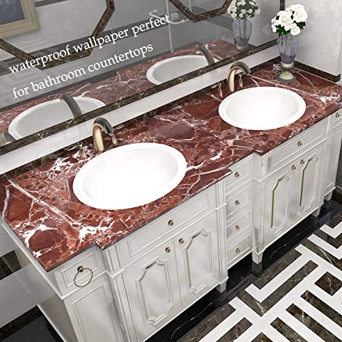 Burgeliy Self Adhesive Film15.8¡¿80in Vinyl Wrap Protector Auto Modification Film red Marble Shiny for Bathroom£¬Kitchen Countertops Table Desk Furniture Peel and Stick Waterproof Wallpaper Easy Clean