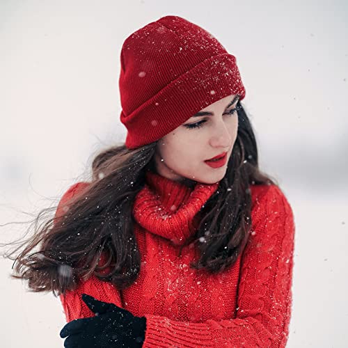 Cuffed Knit Beanie for Men & Women - Winter Skull Cap - Red