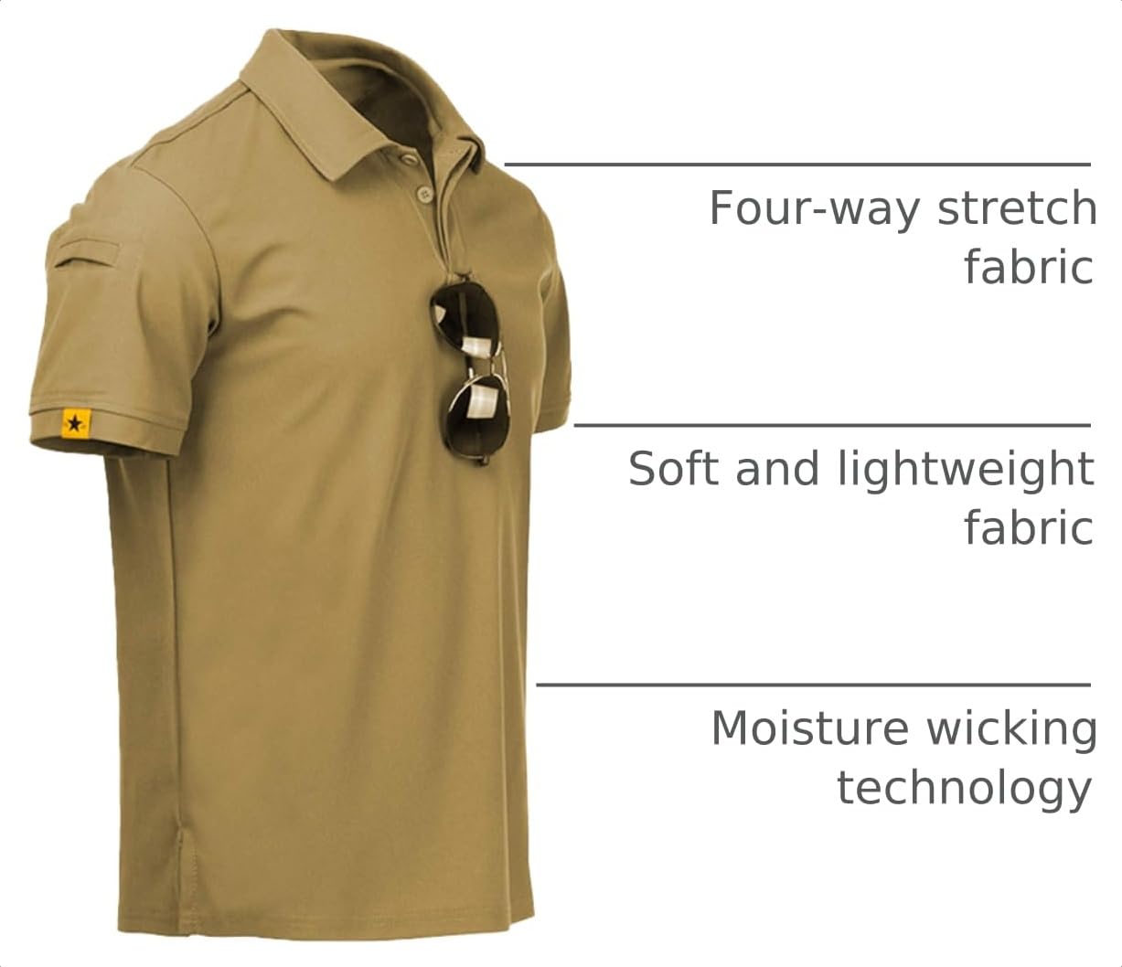 ZITY Mens Polo Shirt Short Sleeve Sports Tactical T-Shirt Athletic Golf Polos Daily Casual Stylish Collared Shirts for Men Khaki Large