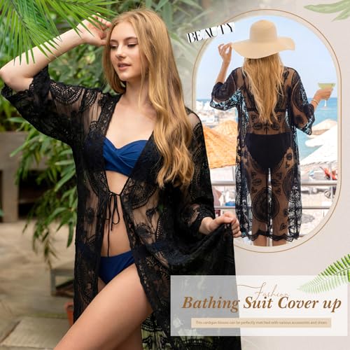 Black Lace Kimono Cardigan for Women - Funnysoft, Size 1