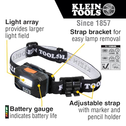 Klein Tools Rechargeable Headlamp - LED Work Light with Adjustable Strap & Marker Holder, 260 Lumens - Headlamp