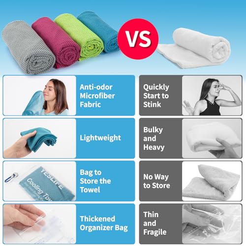 Cooling Towels 4-Pack - Microfiber Neck Wraps, 40"x12" - Blue, Grey, Green, Pink