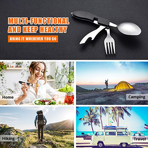 HIKENTURE 2-Pack Black Camping Utensils 4-in-1 Foldable Spoon Fork Knife Set