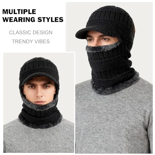 Winter Knitted Balaclava Beanie Hat - Warm Cycling Ski Mask, Windproof Hood, Heavyweight Thermal Fleece, One Size Black