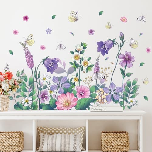 Purple Flower Wall Decal Peel and Stick Floral Butterfly Wall Sticker Green Plant Leaf Wall Art Murals for Bedroom Living Room Nursery Decor