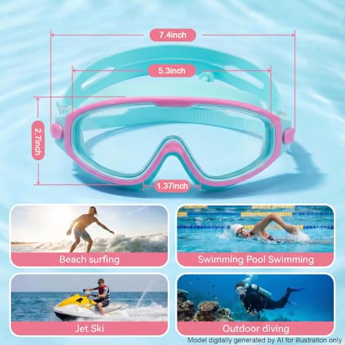 Kids Swim Goggles for 3-14 Years - Pink Green, Anti-Fog, UV Protection, No Leak, Wide View, Seasprint