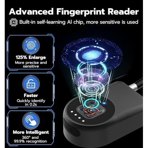 Anweller Fingerprint Cable Lock, 14" Long Shackle Small Padlock, Keyless Entry Biometric Bluetooth Smart Waterproof Combination Pad Lock for Gate Outdoor Fence Fridge Cabinet Locker Pool Bike - Black