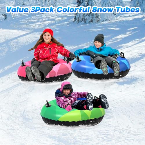 Inflatable Snow Tubes - 3 Pack Heavy Duty Sleds for Family Fun - Green, Pink, Blue