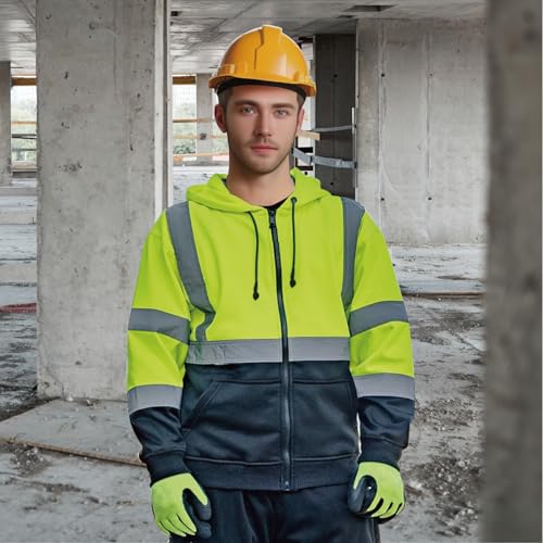 High Visibility Hoodie for Men, Class 3 Reflective Zippered Hoodie Sweatshirt, Construction Work Safety Jacket