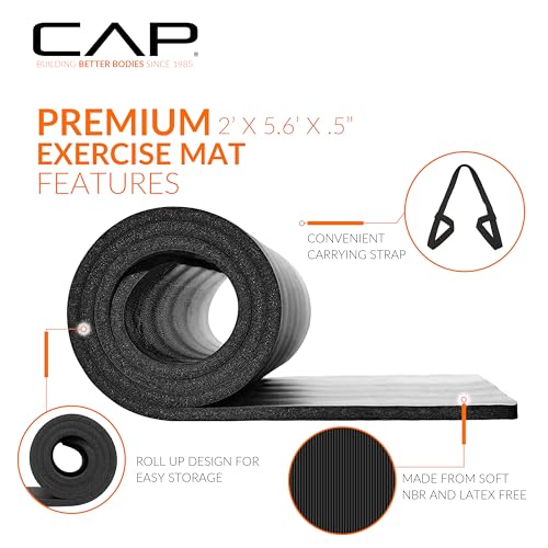 High Density 1/2-Inch Yoga Mat with Strap - Black