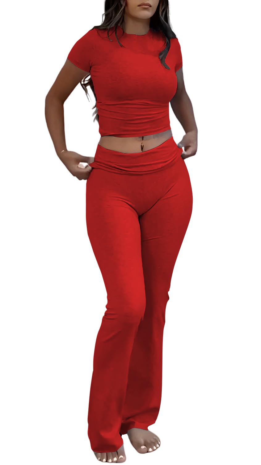 Nimsruc Two Piece Lounge Sets For Women Summer Outfits Short Sleeve Petite Pant Sets Comfy Matching Clothing Big Red XXL
