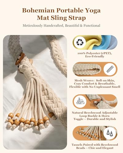 Boho Yoga Mat Strap - Adjustable Macrame Carrier with Beads