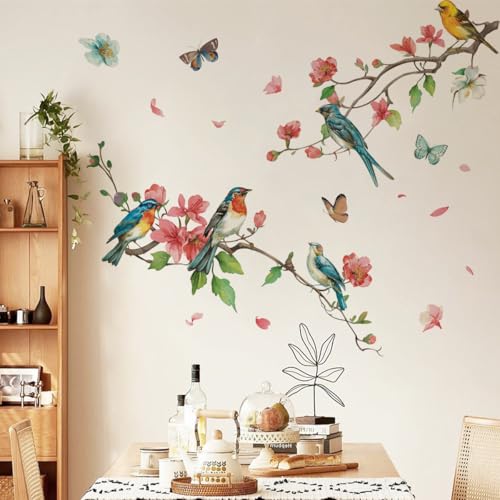 Runtoo Bird Wall Decals Pink Floral Tree Branch Wall Art Stickers Bedroom Kitchen Living Room Kids Nursery Decor