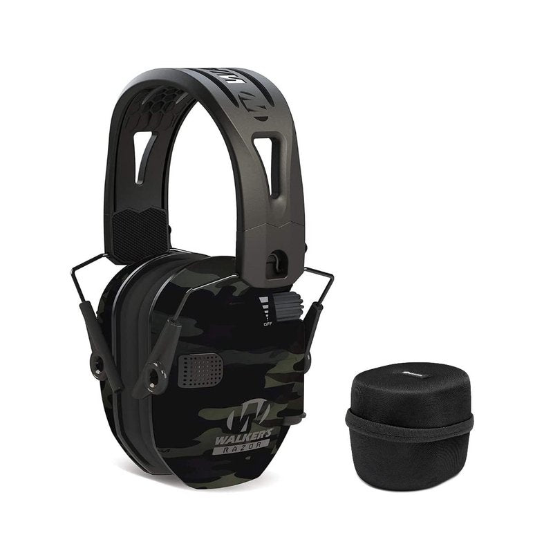 Walkers Tacti-Grip Lightweight Shooting Hunting Range Slim Hearing Protection Muff with Rubber Headband (Multi Camo Gray) Bundle with Protective Case (2 Items)
