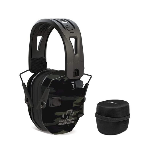 Walkers Tacti-Grip Lightweight Shooting Hunting Range Slim Hearing Protection Muff with Rubber Headband (Multi Camo Gray) Bundle with Protective Case (2 Items)