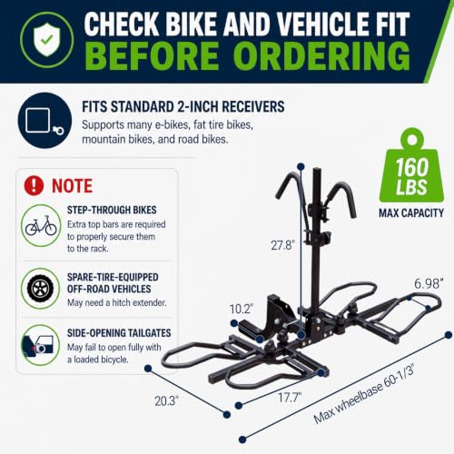 2-Bike Rack Hitch for E-Bikes & Fat Tires - 160lb Capacity