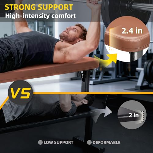 Flat Weight Bench - Heavy Duty with 2.4 Inch Thick Pad, 41 in Basic / Brown
