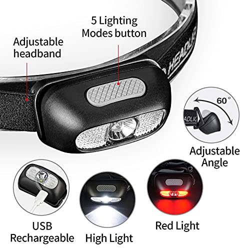 Rechargeable LED Headlamp 500 Lumen with Red Light - 1 Pack Black